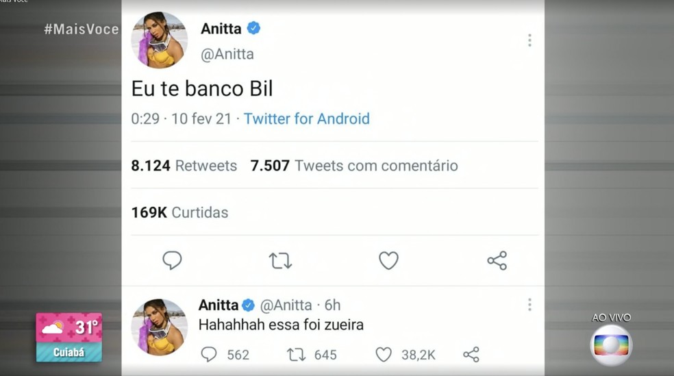 Anitta fala sobre Arcrebiano, do 'BBB21', nas redes sociais e vira papo no 'Mais Você' — Foto: Globo