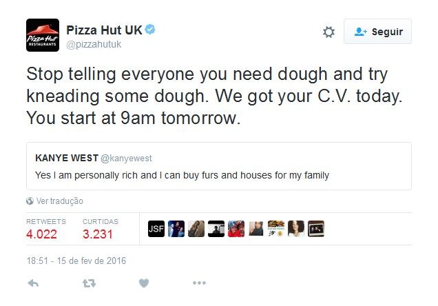Pizza Hut alfineta Kanye West no Twitter (Foto: Reprodução)