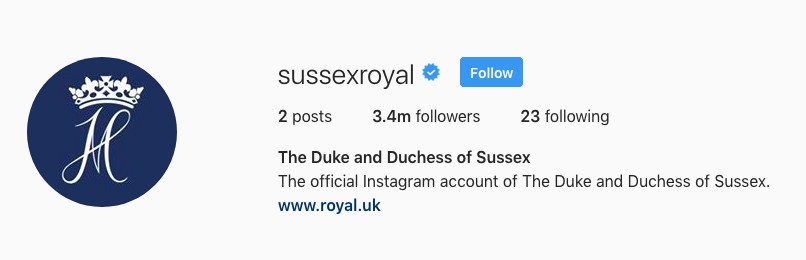 A conta do Príncipe Harry e da atriz e duquesa Meghan Markle no Instagram, já com mais de 3,4 milhões de seguidores (Foto: Instagram)
