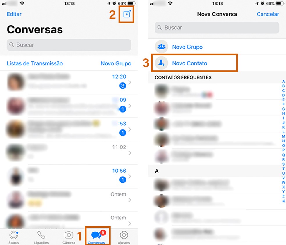 Abra a tela de conversas no WhatsApp e selecione a opÃ§Ã£o para adicionar um novo contato â€” Foto: ReproduÃ§Ã£o/Barbara Mannara
