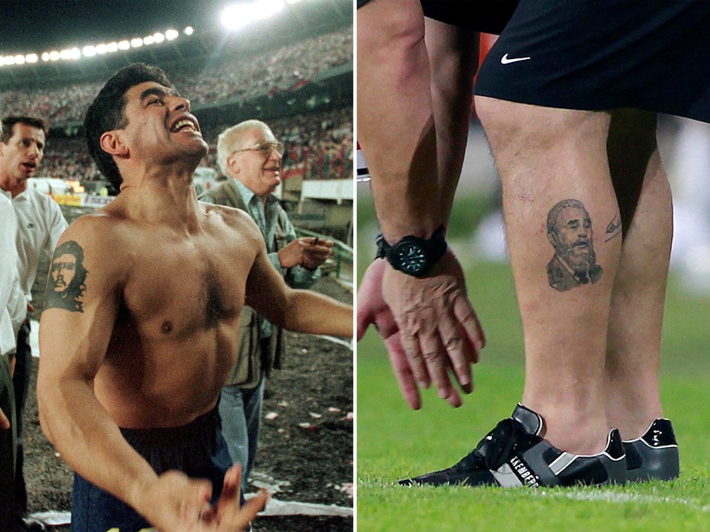 Diego Armando Maradona, em fotos de outubro de 1997 (esq.) e em setembro de 2011. Ele tinha tatuagens de Che Guevara e de Fidel Castro, no braço e na perna — Foto: Enrique Marcarian/Reuters/Arquivo; Jumana El Heloueh/Reuters/Arquivo
