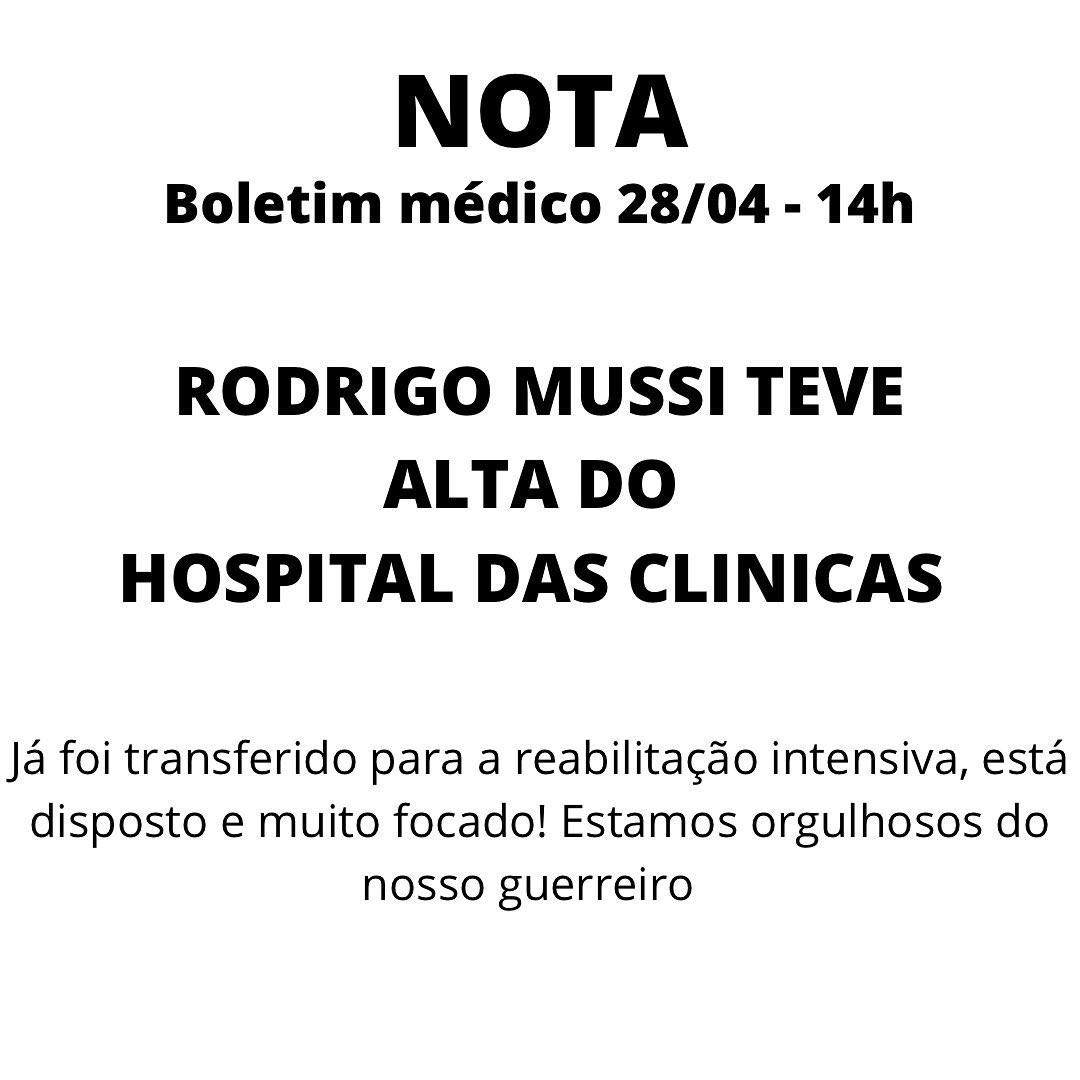 Comunicado da alta de Rodrigo Mussi do hospital (Foto: Reprodução Instagram)