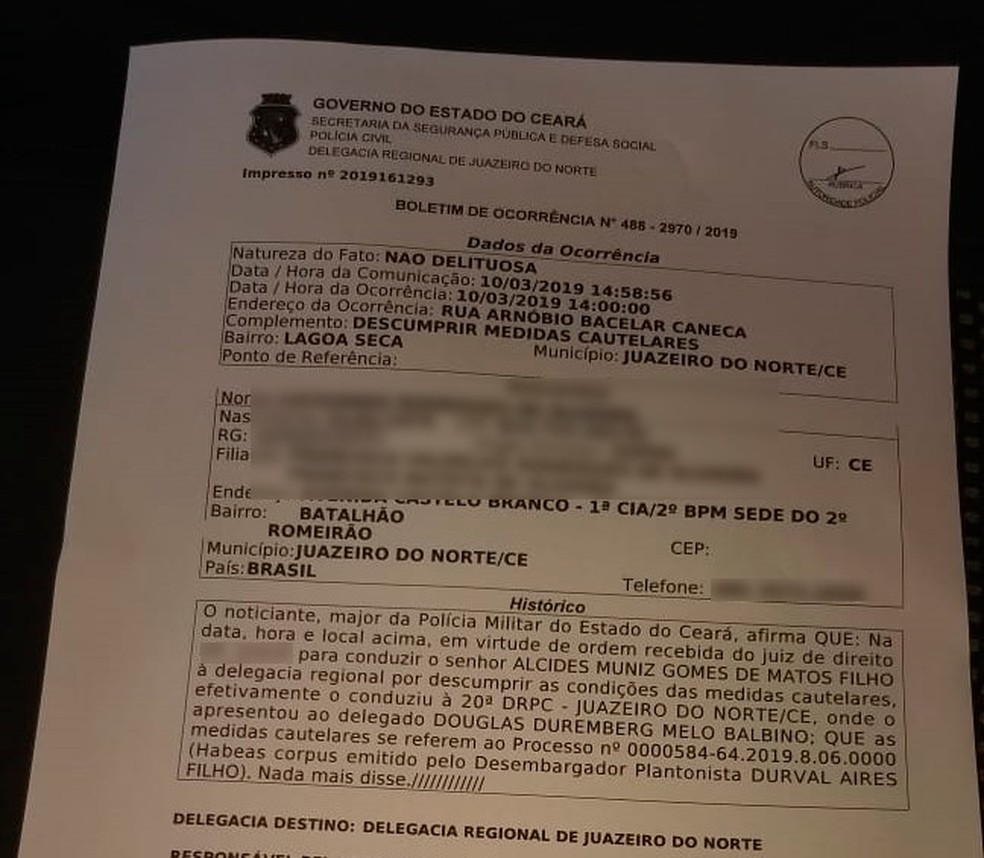 Boletim de ocorrência mostra que médico Alcides Muniz Gomes de Matos Filho foi detido por descumprir medidas cautelares. — Foto: Reprodução