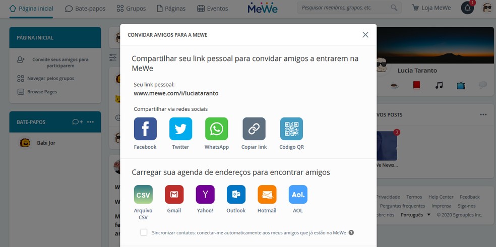 Usuários podem usar a integração da MeWe com outros serviços para enviar convites — Foto: Reprodução / Barbara Ablas