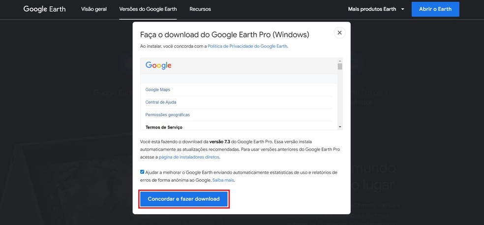 Ação para concordar e fazer download do Google Earth Pro para computador — Foto: Reprodução/Caroline Silvestre