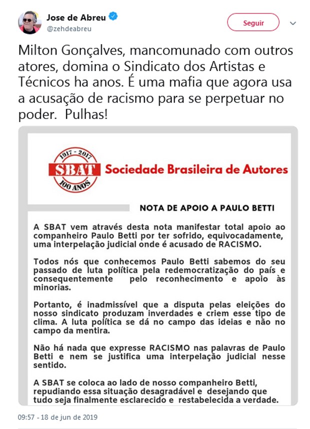 Post de José de Abreu (Foto: Reprodução/Twitter)