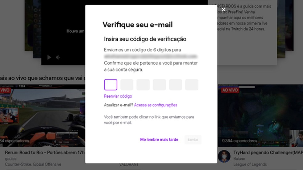 Digite o código de verificação enviado para seu e-mail para completar seu cadastro na Twitch e vincular com sua conta da Riot Games para Valorant — Foto: Reprodução/Rafael Monteiro