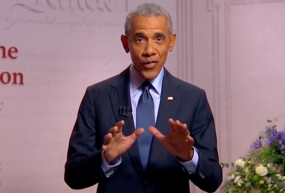 Ex-presidente dos Estados Unidos, Barack Obama, discursa no terceiro dia da Convenção Nacional Democrata nesta quarta-feira (19) — Foto: Convenção Nacional Democrata / Pool / Reuters