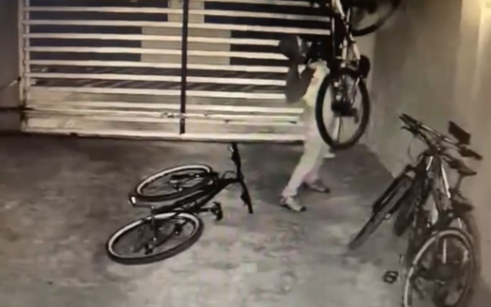 Bicicletas são furtadas por criminosos em prédio de Goiânia — Foto: Reprodução/TV Anhanguera