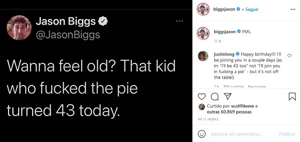O post do ator Jason Biggs celebrando seu aniversário de 43 anos (Foto: Instagram)