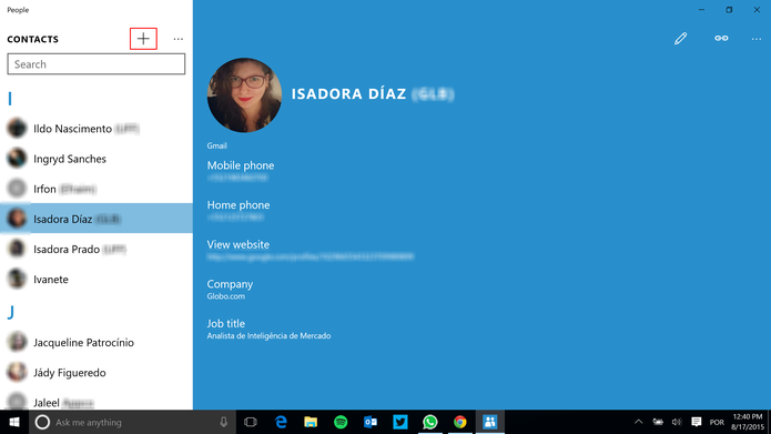 Windows 10 pode ter novo contato criado a partir do aplicativo pessoas (Foto: Reprodução/Elson de Souza)