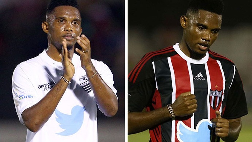 Eto'o com as camisas de Comercial e Botafogo em amistoso disputado em Ribeirão Preto  — Foto: Célio Messias/Agência Estado
