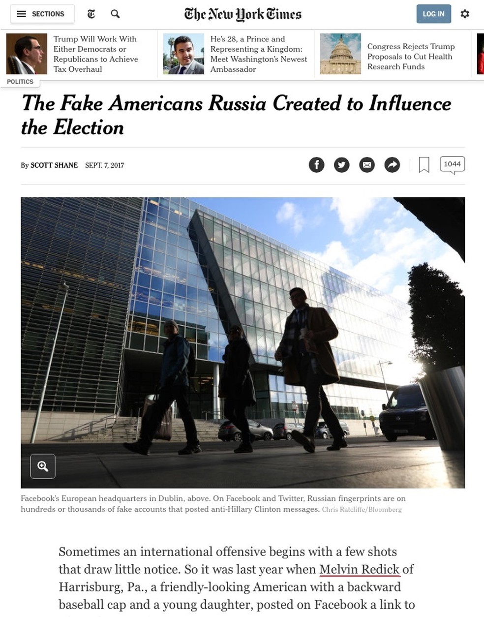 Reprodução de reportagem do 'NY Times' mostra o nome Melvin Redick, um dos perfis falsos usados para influenciar a eleição dos EUA (Foto: Reprodução/NY Times)