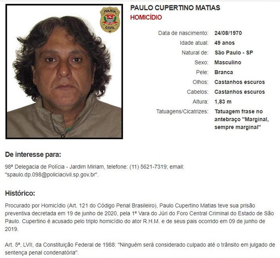 Após mais de um ano foragido, Paulo Cupertino Matias entra na lista de mais procurados da Polícia Civil de São Paulo — Foto: Reprodução/Polícia Civil de SP