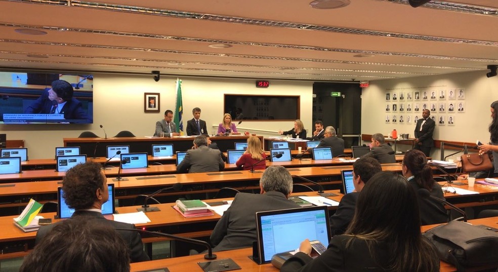 Deputados reunidos no plenário da Comissão de Segurança da Câmara para discutir o projeto que permite o uso de arma na área rural (Foto: Alessandra Modzeleski/G1)