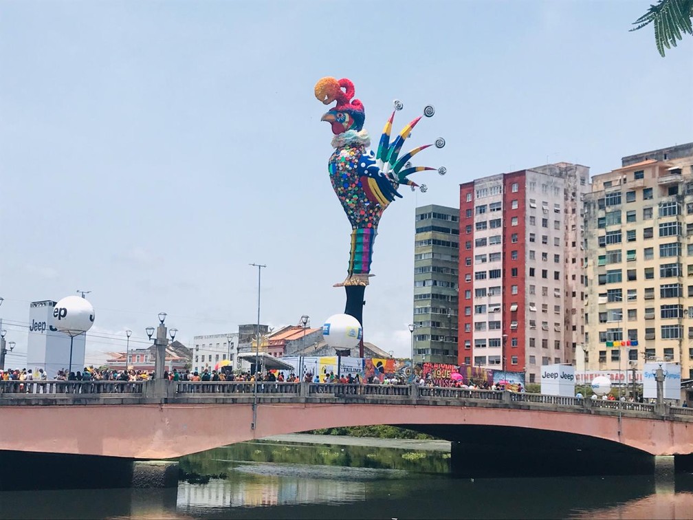 Galo gigante amanheceu a sexta-feira (21) de pé na Ponte Duarte Coelho, no Recife — Foto: Isabela Veríssimo/G1