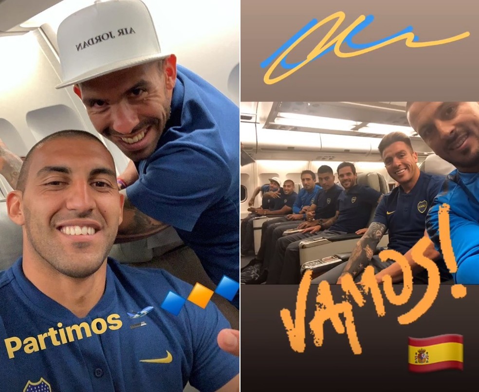 Ábila compartilha foto com Tevez, e Benedetto mostra outros jogadores do Boca Juniors no avião rumo a Madri para a final da Taça Libertadores — Foto: Reprodução de Instagram