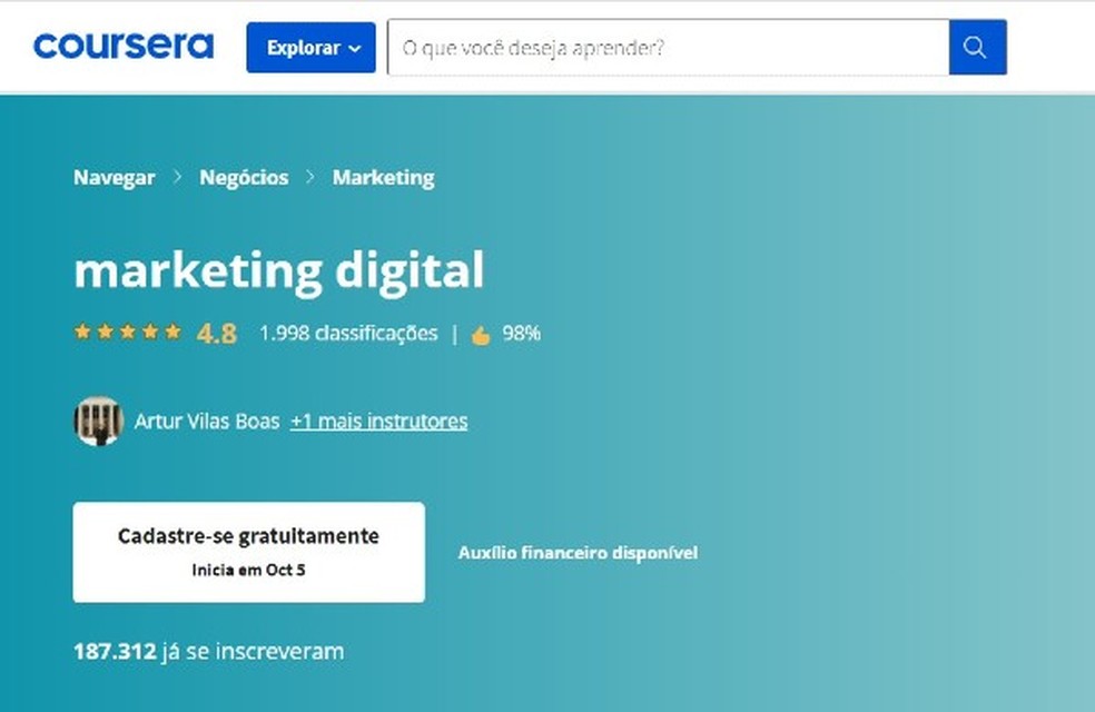 Encontre um curso de marketing digital completo na Coursera — Foto: Reprodução/Thaisi Carvalho