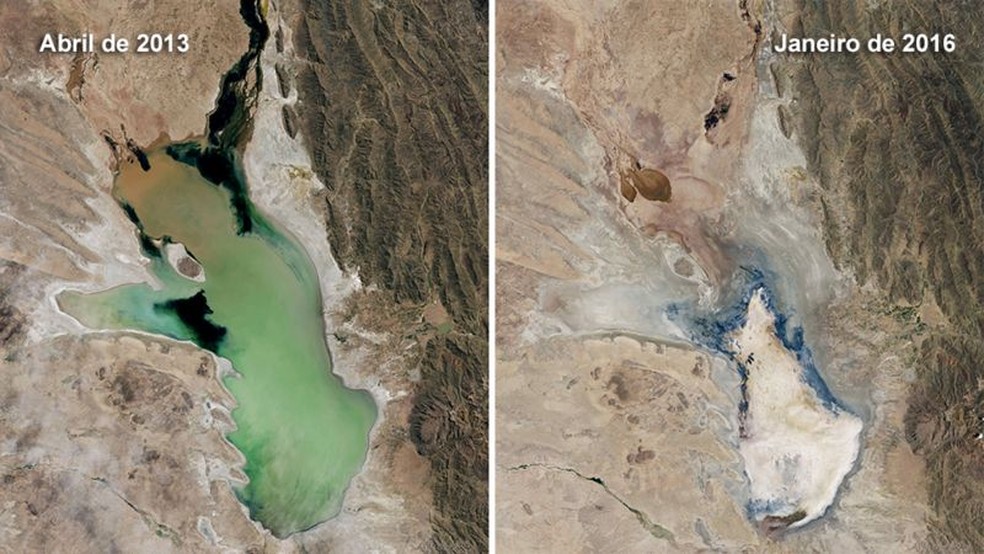 O lago Poopó fotografado de um satélite da NASA; a diferença entre uma foto e a outra é de 3 anos — Foto: Nasa / Reprodução