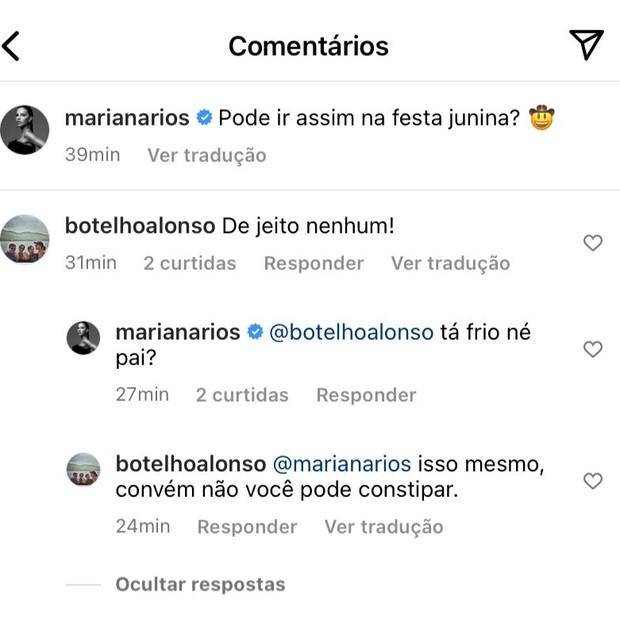 Comentário de Alonso Botelho, pai de Mariana Rios (Foto: Reprodução/Instagram)