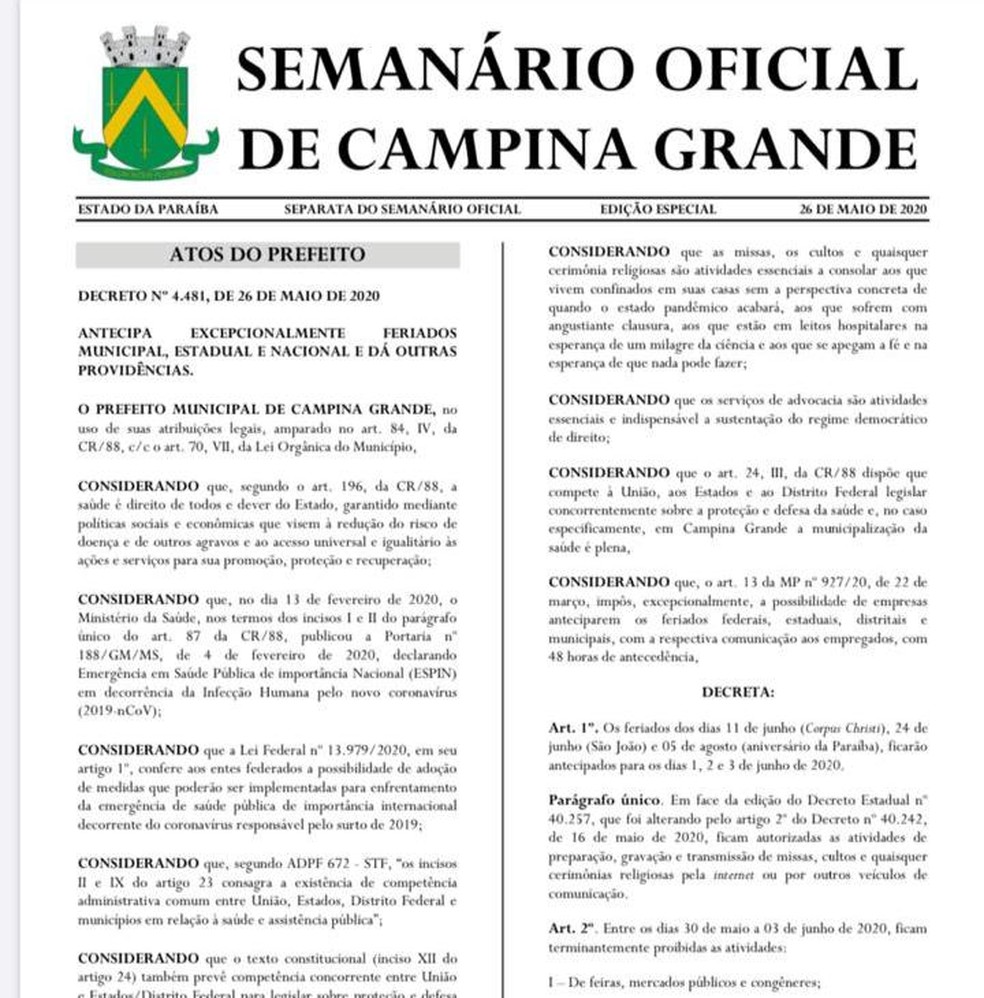 Decreto Que Antecipa Feriados Em Campina Grande E Publicado