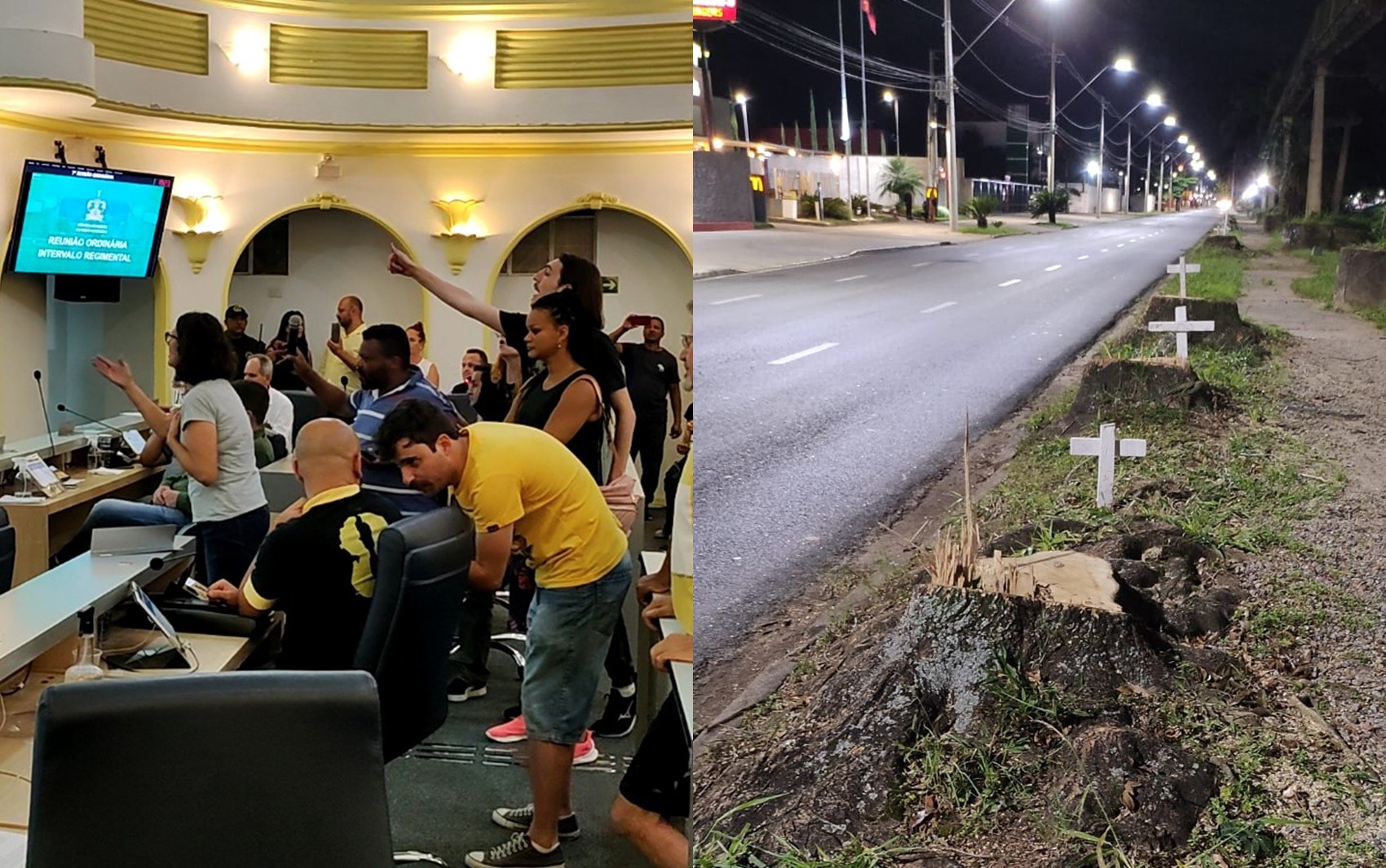 Moradores protestam contra retirada de trailers de lanche e corte de árvores em Poços de Caldas, MG