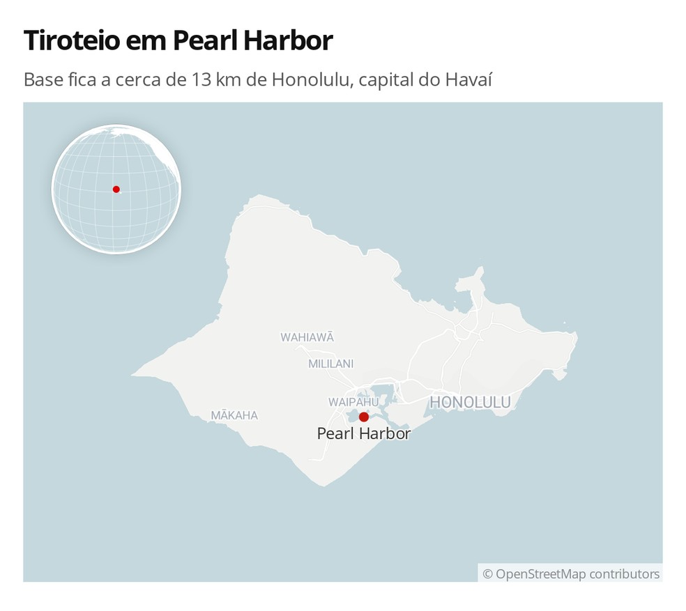 Base onde ocorreu o tiroteio fica a cerca de 13 km de Honolulu, capital do Havaí — Foto: G1                          