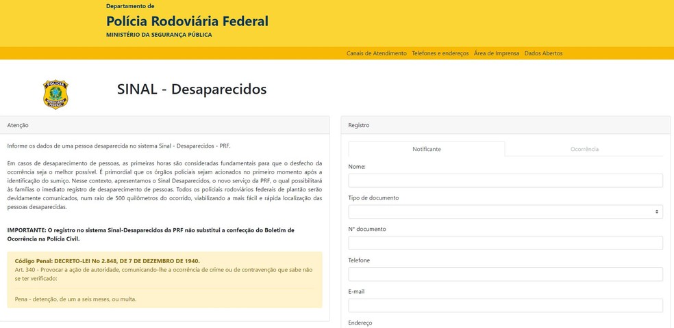 Formulário da PRF — Foto: Foto: PRF