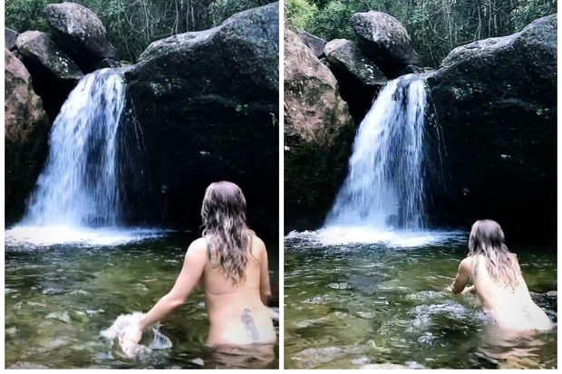 Nua? Letícia Spiller mergulha em cachoeira e intriga web