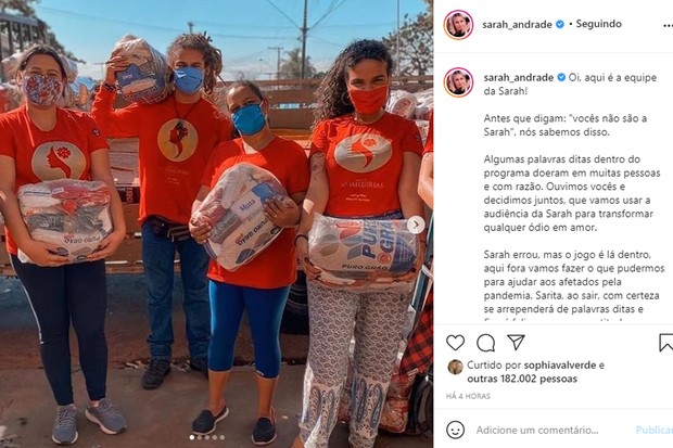 Equipe de Sarah divulga projetos sociais após sister do BBB21 minimizar a pandemia (Foto: Reprodução/Instagram)