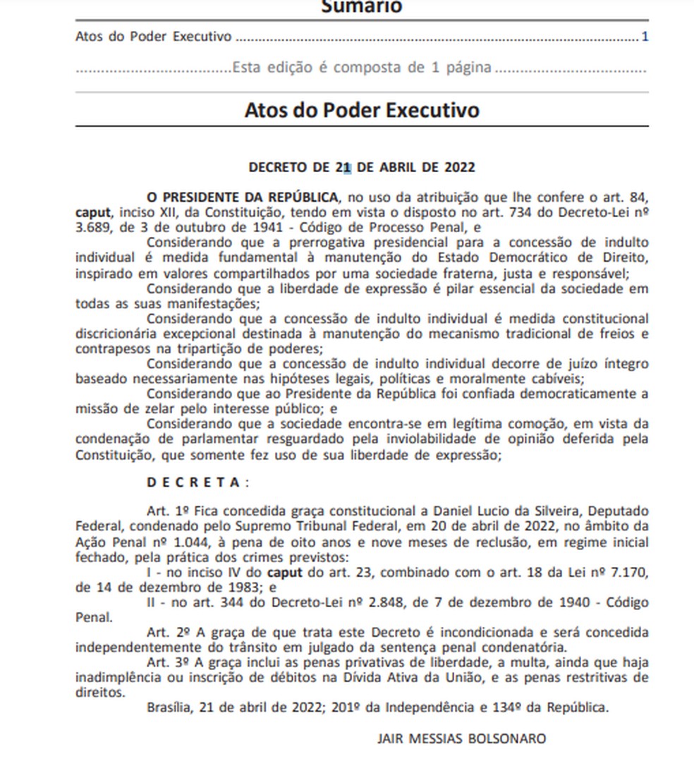Decreto que deu indulto a Daniel Silveira — Foto: Reprodução