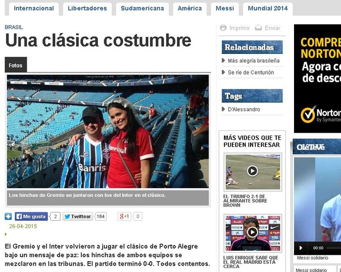 Torcida mista no Gre-Nal repercute na Argentina: Mensagem de paz