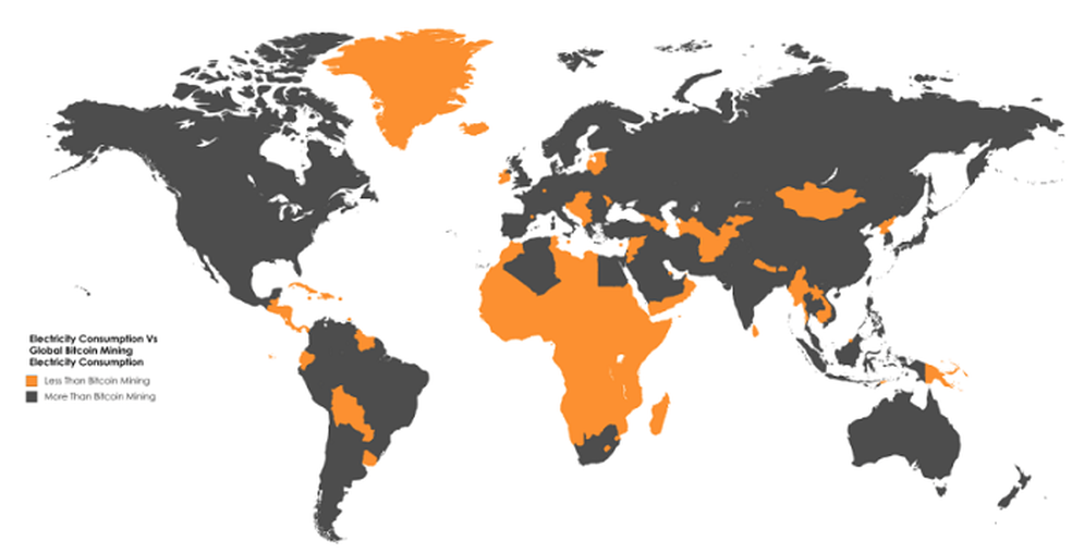 Países em laranja consome menos eletricidade que atividade para minerar a moeda digital (Foto: Divulgação/Power Compare) (Foto: Power Compare)