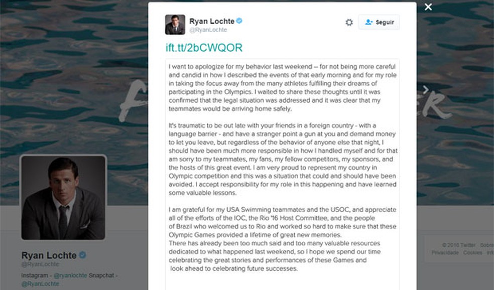 Texto de pedido de desculpa de Ryan Lochte sobre falso relato de assalto — Foto: Reprodução/Twitter/RyanLochte