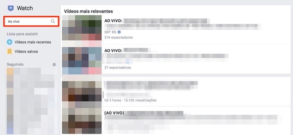 Ação para buscar vídeos ao vivo no Facebook Watch pelo PC — Foto: Reprodução/Marvin Costa