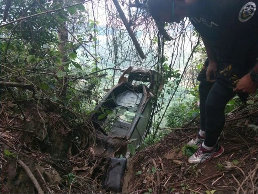 Pilotos foram até a mata e verificaram que não havia vítimas no carro (Foto: Samuel Almeida/VC no ESTV)