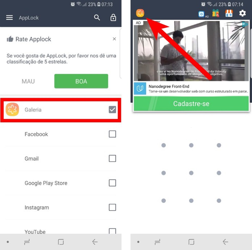 Escolha o que deseja proteger. Quando tentar abrir o aplicativo, o Bloqueio AppLock irá exigir o seu padrão de desbloqueio (Foto: Reprodução/Filipe Garrett)
