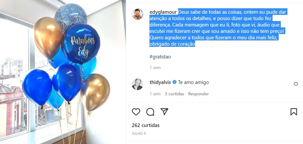 Último post de Ed Glamour no Instagram, agradecendo o carinho dos amigos por causa do aniversário dele.  — Foto: Reprodução/Instagram