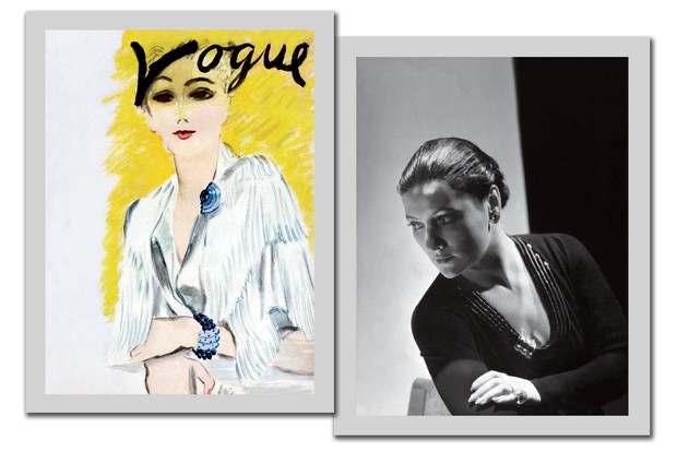 Capa da Vogue americana com ilustração de Carl Erickson e joias Belperron, de 1934 e Suzanne Belperron em foto da Vogue, de 1934 (Foto: William Waldron, Lucas Visser, Condé Nast Archive e Divulgação)