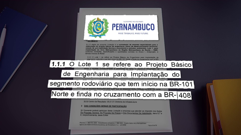 Edital se refere ao projeto básico de engenharia para implantação de uma rodovia que tem início na BR-101 e termina na BR-408 — Foto: Reprodução/TV Globo