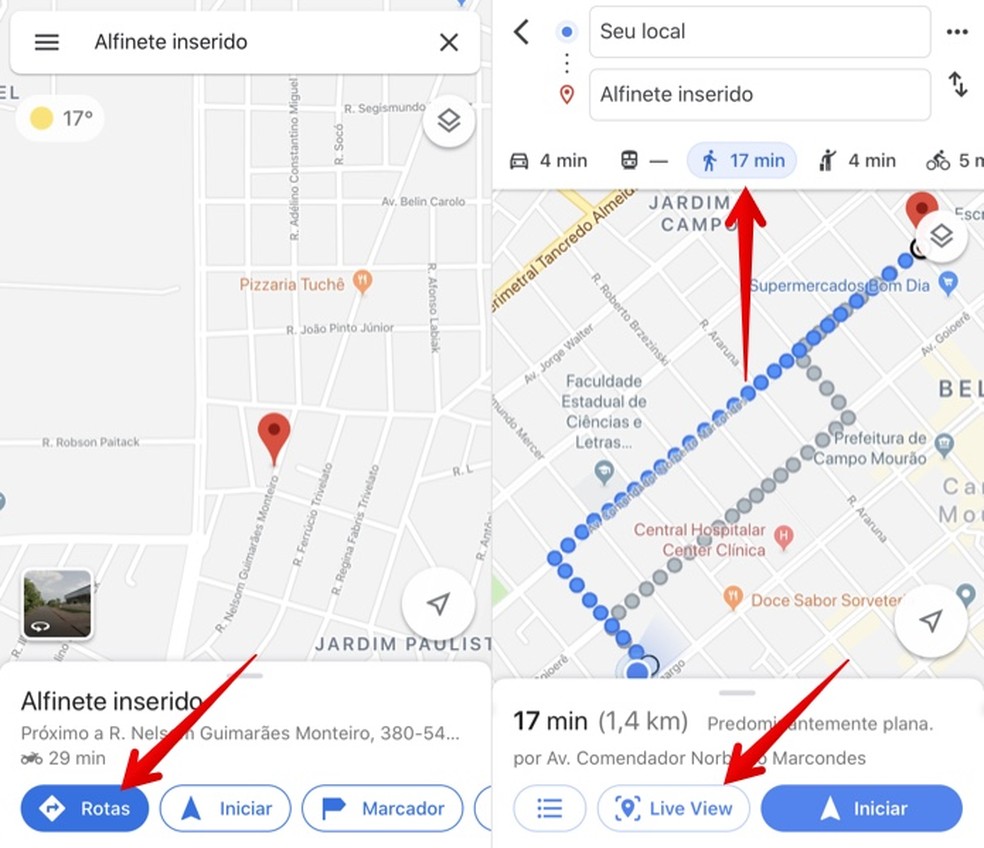 Crie uma rota de trajeto a pé e selecione o Live View no Google Maps — Foto: Reprodução/Helito Beggiora