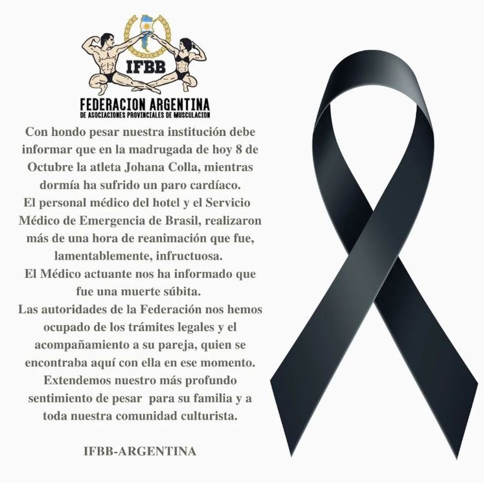 Federação da Argentina de Fisiculturismo (IFBB-Argentina) publicou nota sobre o caso — Foto: Reprodução/Instagram