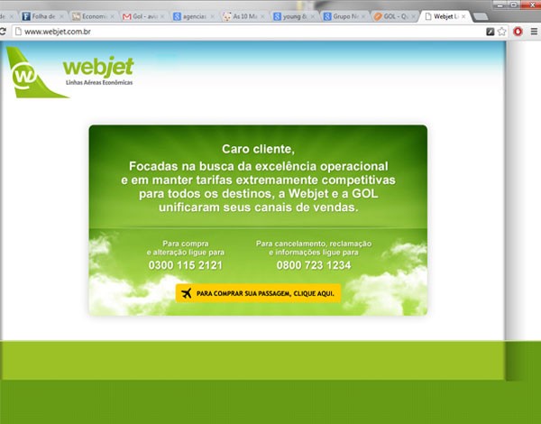 Site da Webjet deixou de vender passagens da empresa nesta terça (17) (Foto: Reprodução/site Webjet)