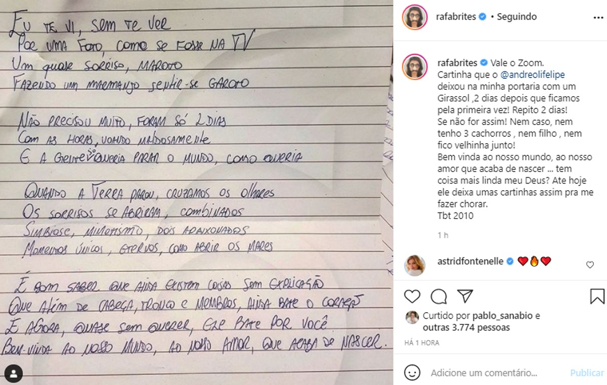 Rafa Brites mostra carta de amor que recebeu de Felipe Andreoli dois dias depois que ficaram pela primeira vez (Foto: Reprodução/Instagram)