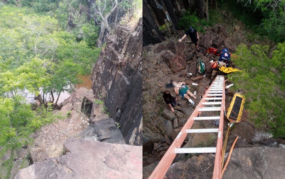 Casal cai de cachoreira com quase nove metros de altura em Angatuba  — Foto: CNET/ Reprodução 