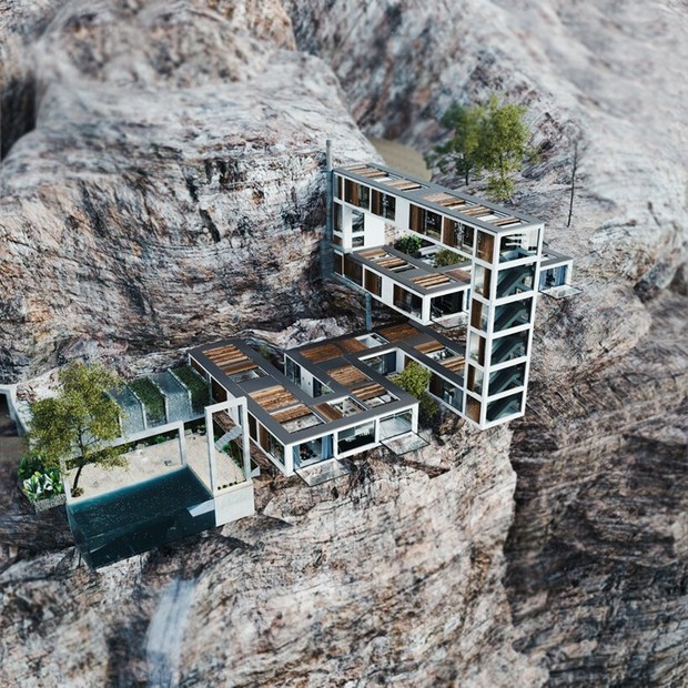 Esta casa suspensa em um penhasco parece desafiar a gravidade  (Foto: Milad Eshtiyaghi)