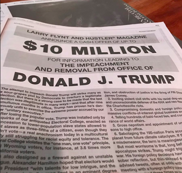 O anúncio de uma página feito pelo empresário Larry Flynt oferecendo US$ 10 milhões por informações que levem ao  impeachment de Donald Trump (Foto: Twitter)