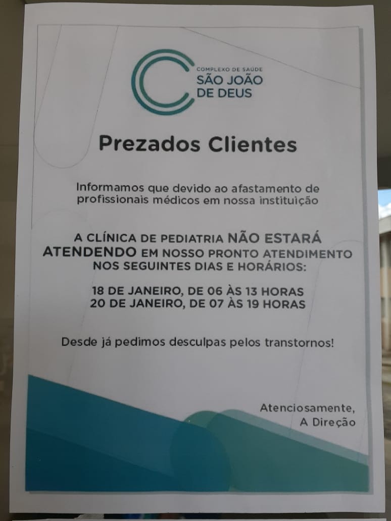 Covid-19 e Influenza: pronto-atendimento da clínica pediátrica do Complexo de São João de Deus em Divinópolis é suspenso por 2 dias devido ao afastamento de profissionais 