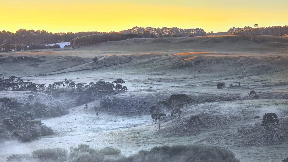 Amanhecer na Serra registrou geada e temperaturas abaixo de 10C  Foto: Mycchel Legnaghi / So Joaquim Online
