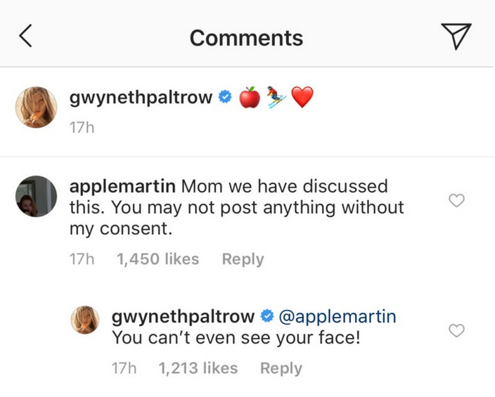 A bronca dada por Apple Martin na mãe, a atriz Gwyneth Paltrow, por compartilhar uma foto com a presença dela sem a consultar (Foto: Instagram)